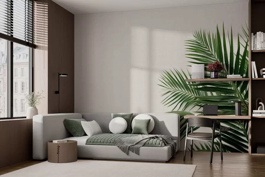 Fotobehang Groene palmbladeren op een lichte achtergrond w05391