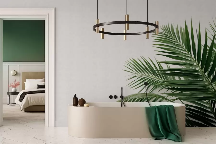 Fotobehang Groene palmbladeren op een lichte achtergrond w05391