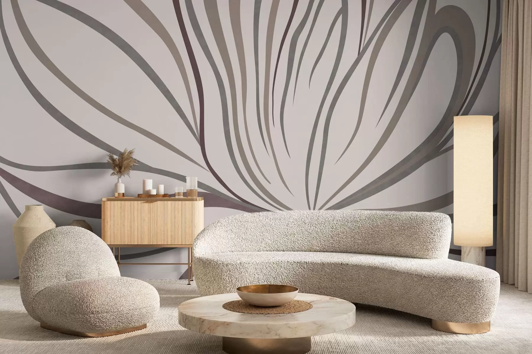 Fotobehang Abstracte bloem met lijnen in grijze en roze tinten w05392