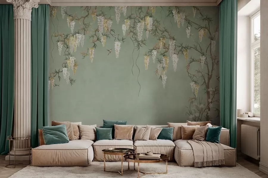 Fotobehang Bloeiende takken met witte bloesems en vogels op een groene achtergrond w05394