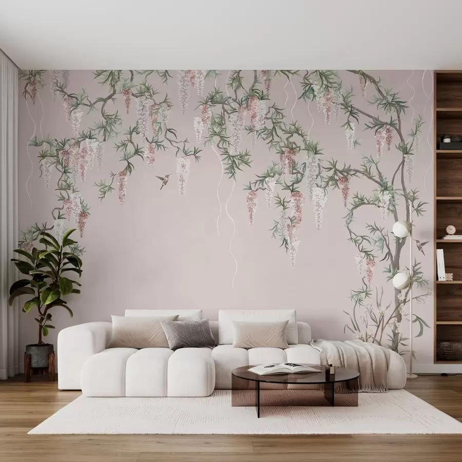 Fotobehang Bloeiende takken met roze bloesems en vogels w05394v1