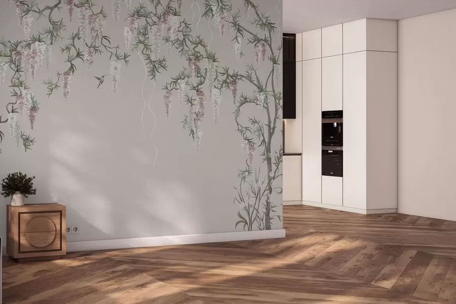 Papier peint photo Des branches en fleurs ornées de boutons roses et d'oiseaux w05394v1