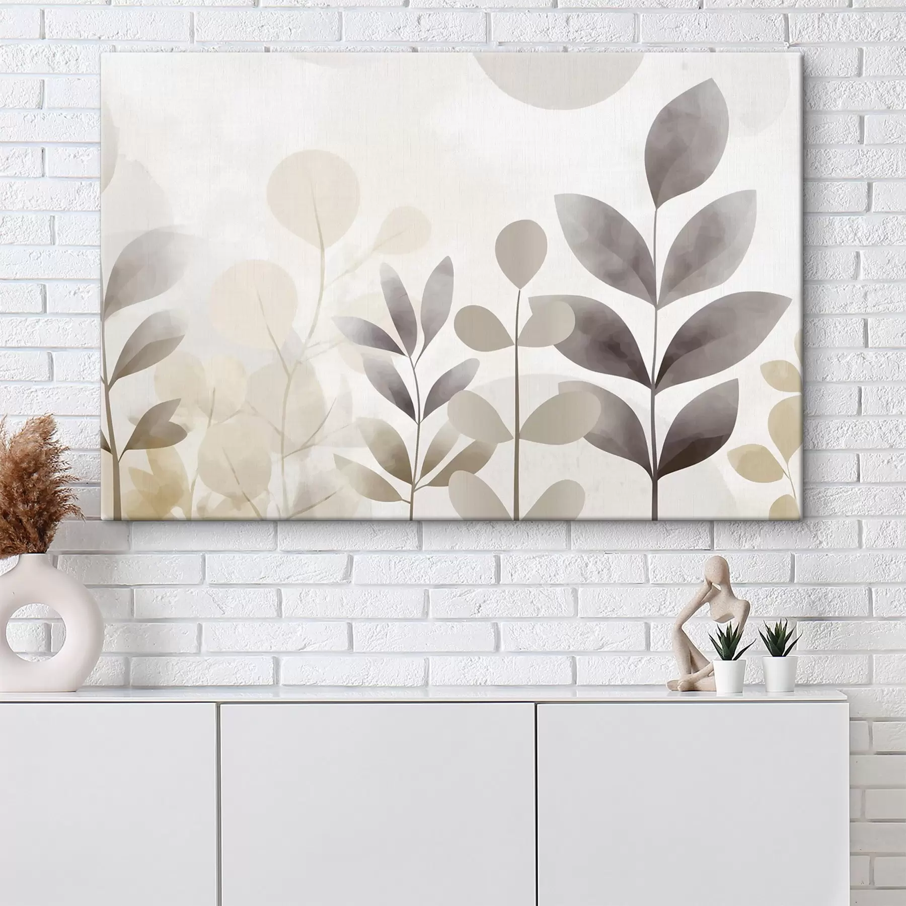  Peintures Silhouettes de feuilles beiges et grises, minimalisme s48487