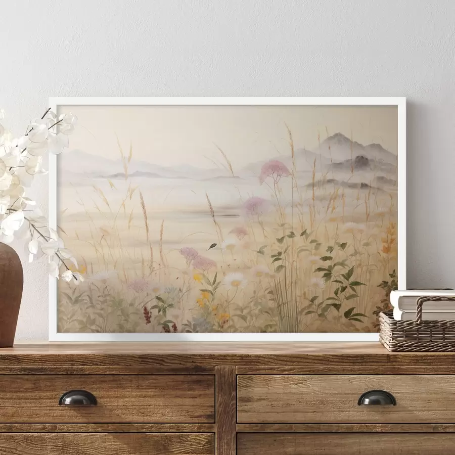 Papier peint photo Champ de fleurs beiges, herbes des prés, paysage délicat f48480