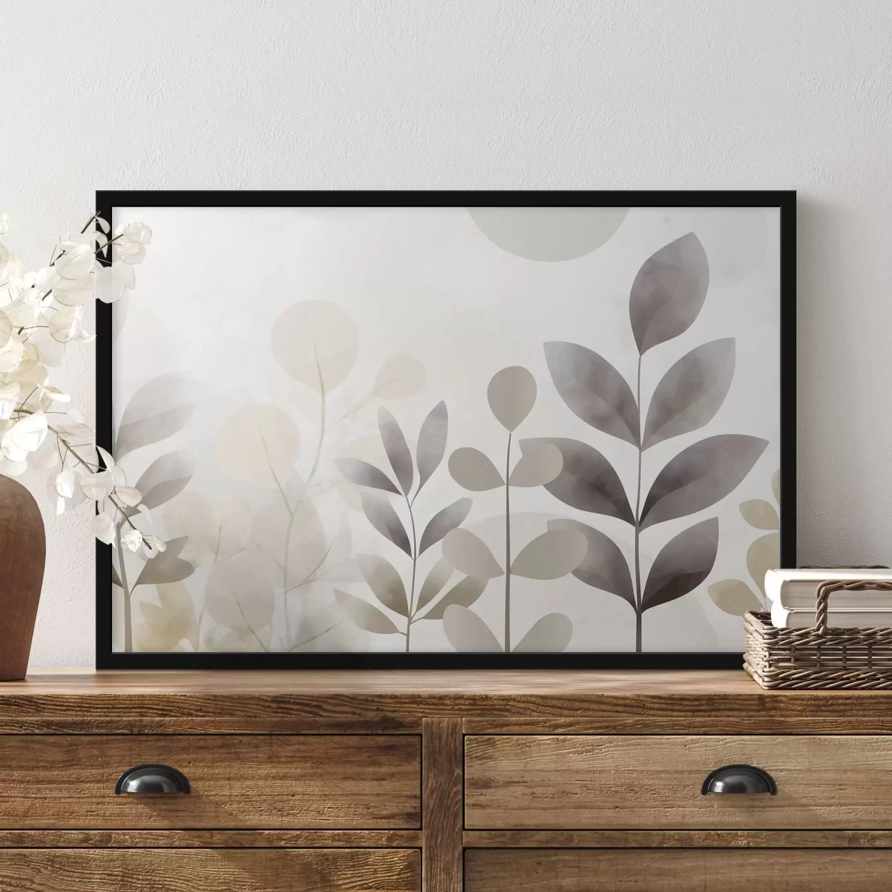 Fotobehang Beige en grijze bladsilhouetten, minimalisme f48487