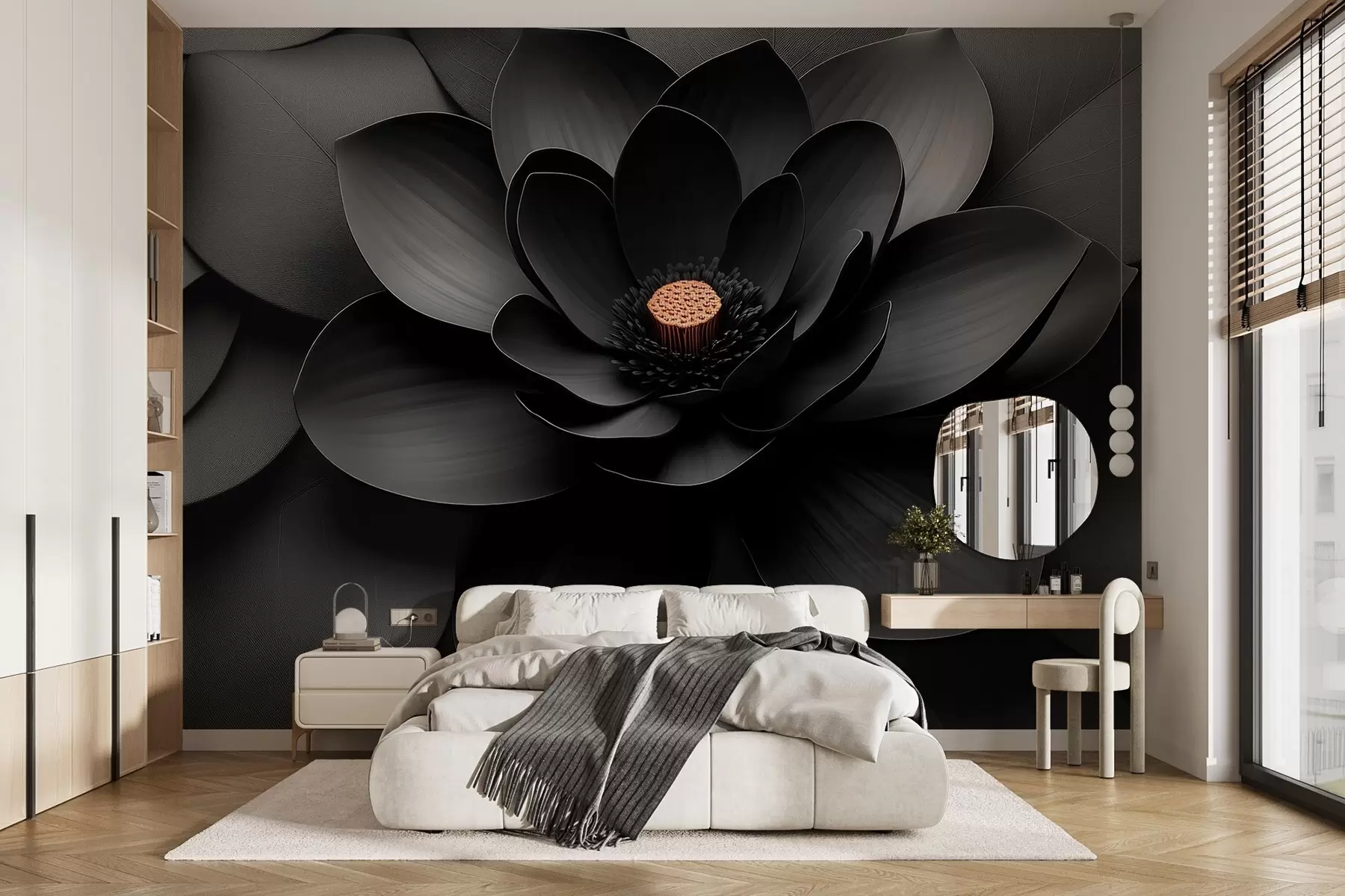 Papier peint photo Fleur noire minimaliste avec des pétales et un cœur aux tons chauds qui contraste w09721