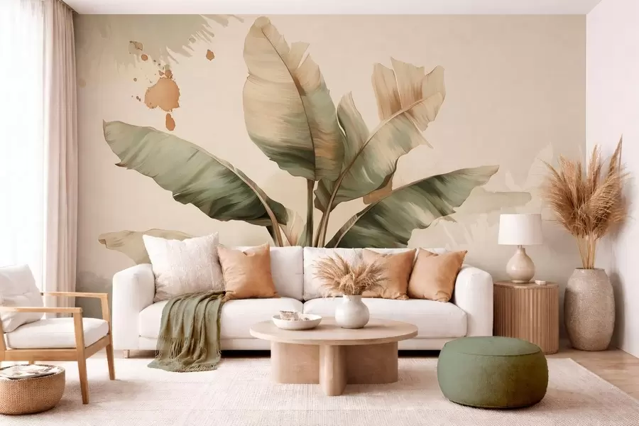 Fotobehang een grote, schilderachtige bos bananenbladeren met spatten in retrostijl w05384