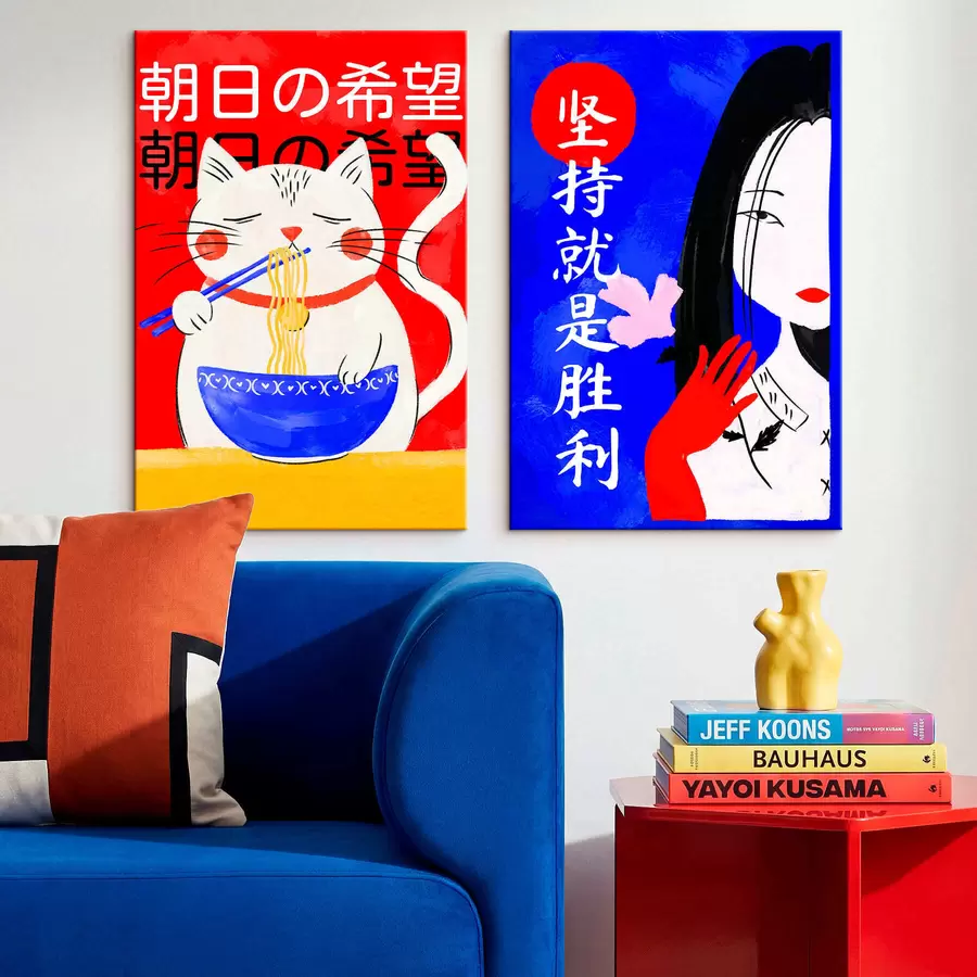  Peintures Diptyque représentant un chat et le portrait d'une femme dans un style audacieux m30233