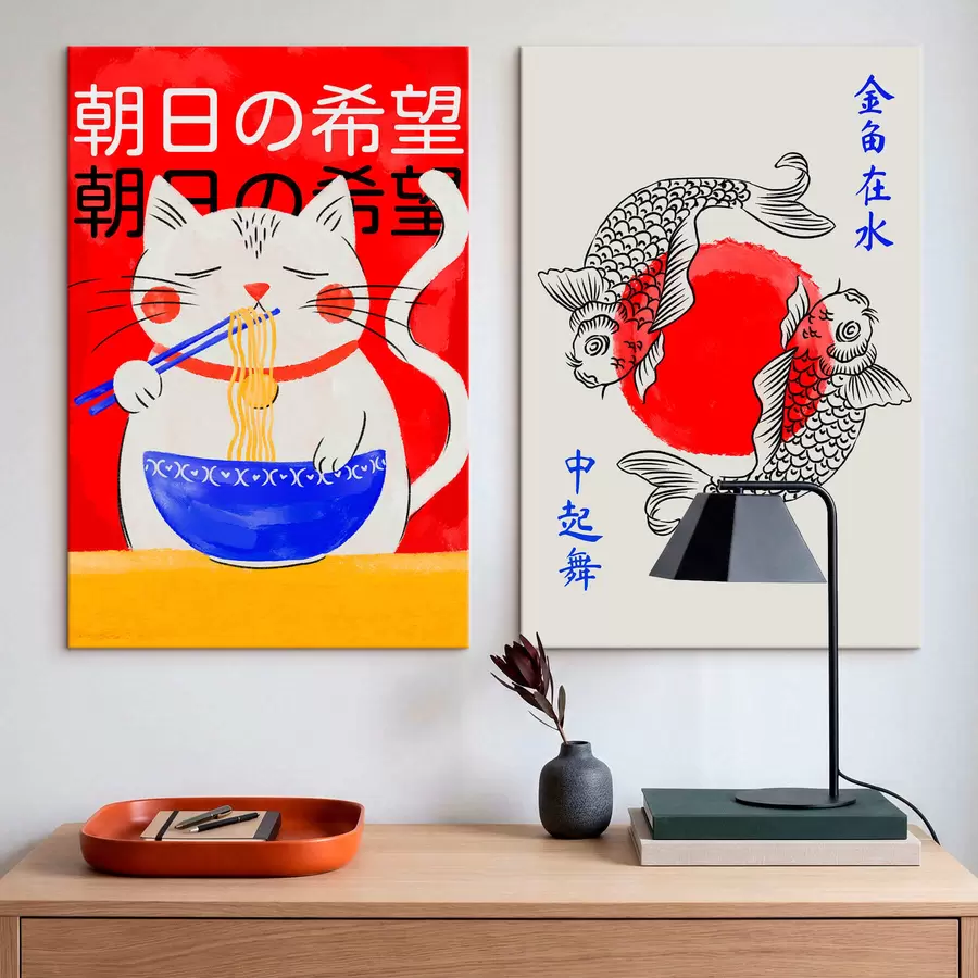  Peintures Diptyque représentant le portrait d'une femme et un poisson décoratif m30234