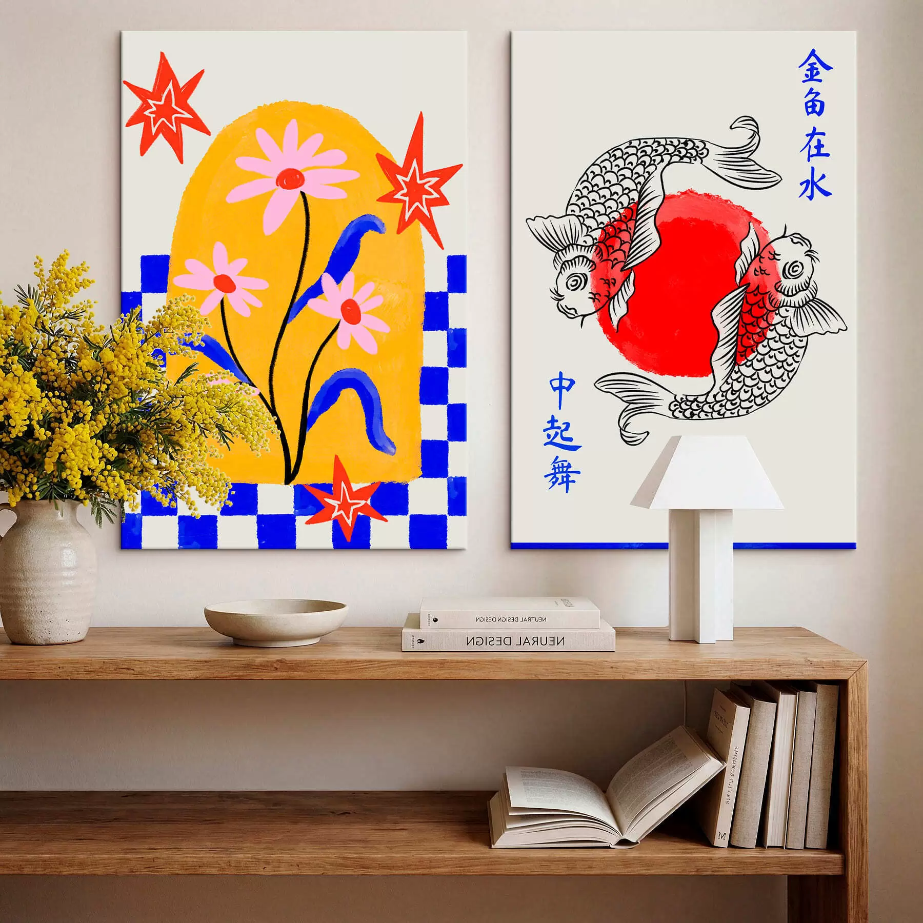  Schilderijen Tweeluik met een kat en twee vissen in rode en witte tinten m30235