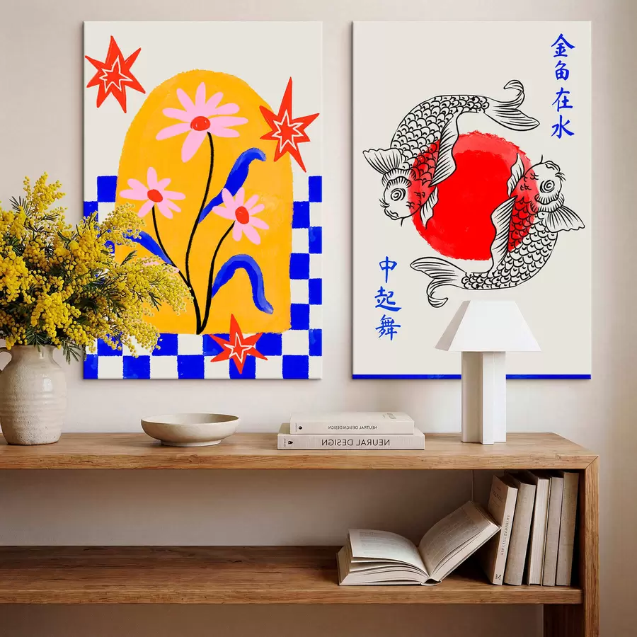  Schilderijen Tweeluik met een kat en twee vissen in rode en witte tinten m30235