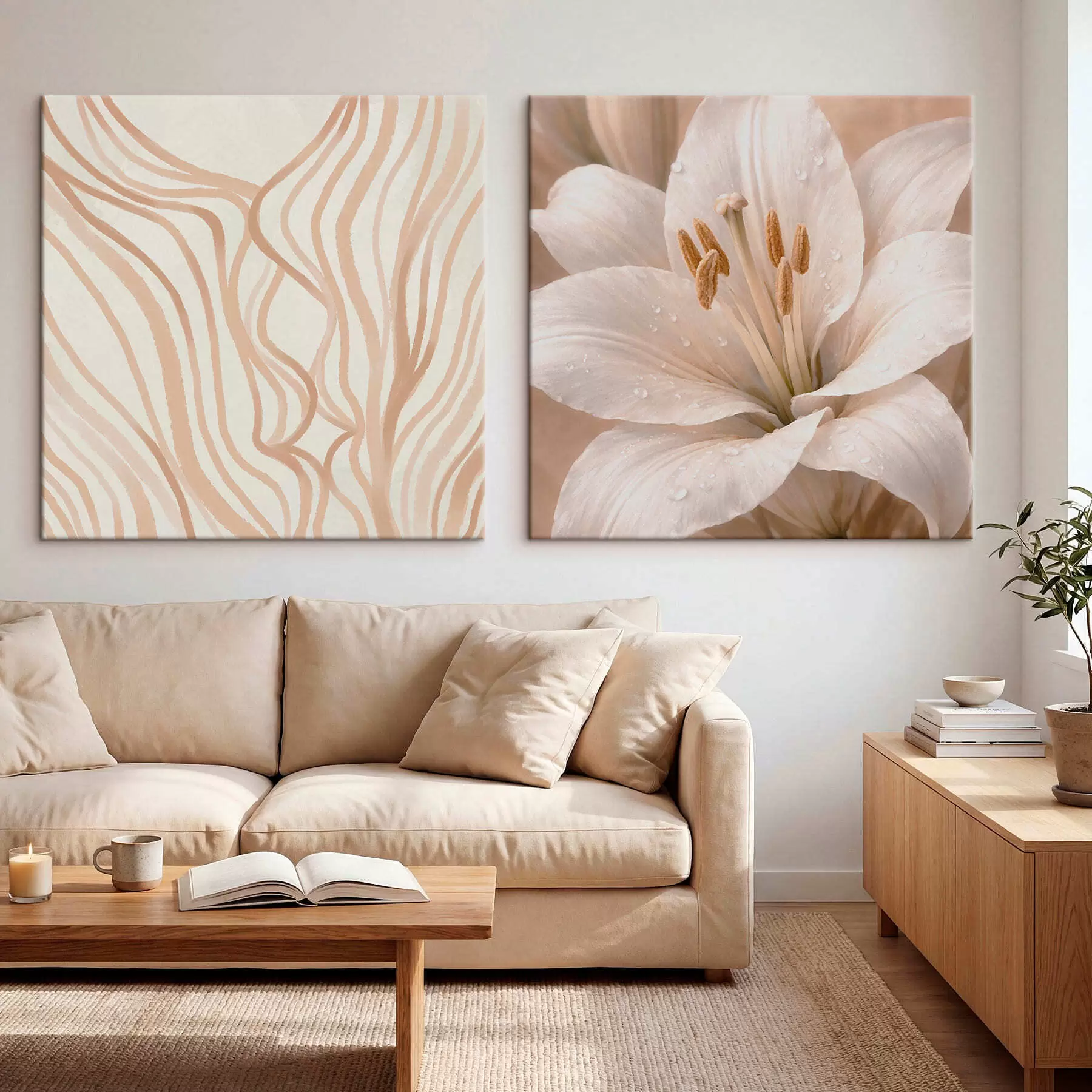  Peintures Diptyque représentant des fleurs et des formes abstraites m30236