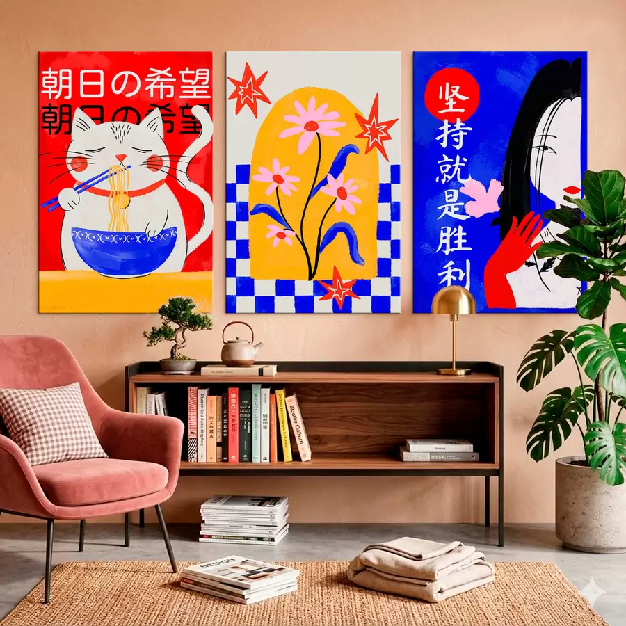  Schilderijen Drieluik met een kat, een vis en een vrouwenportret m30240