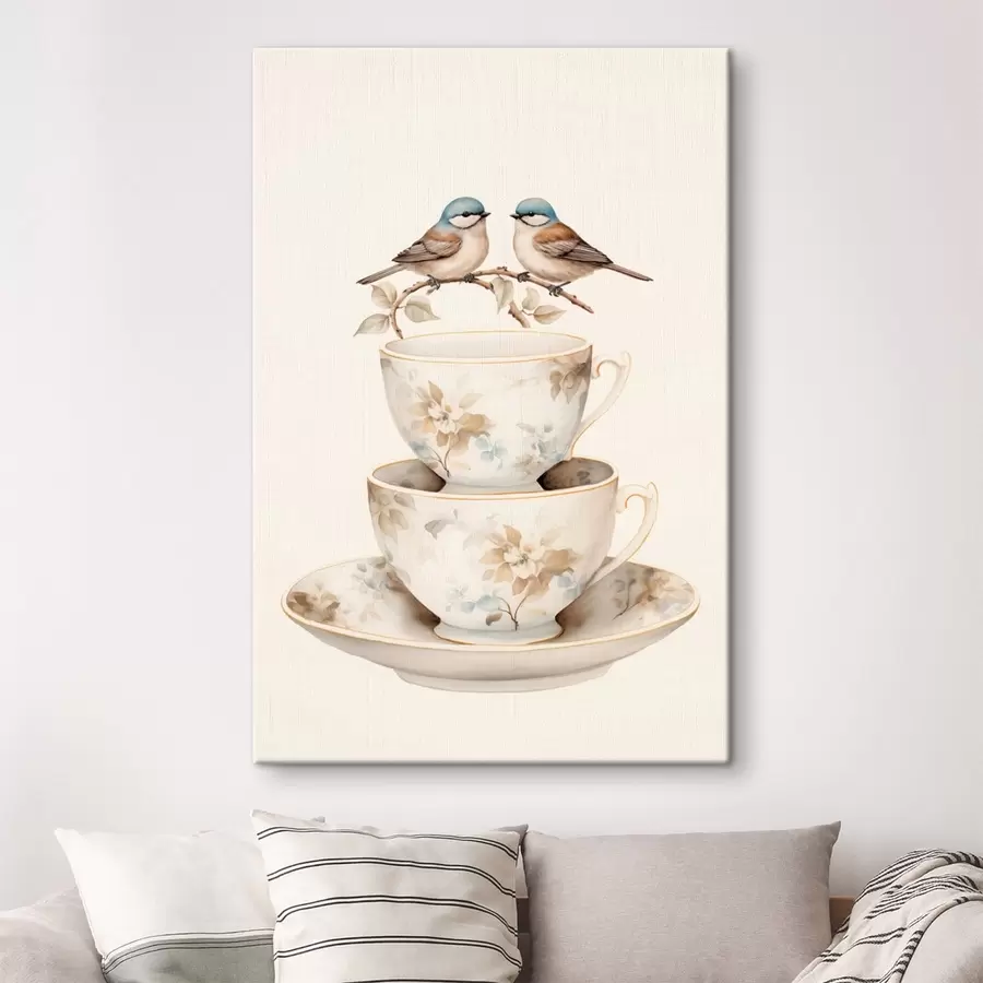  Peintures Deux oiseaux sur une branche au-dessus de tasses à thé s48347
