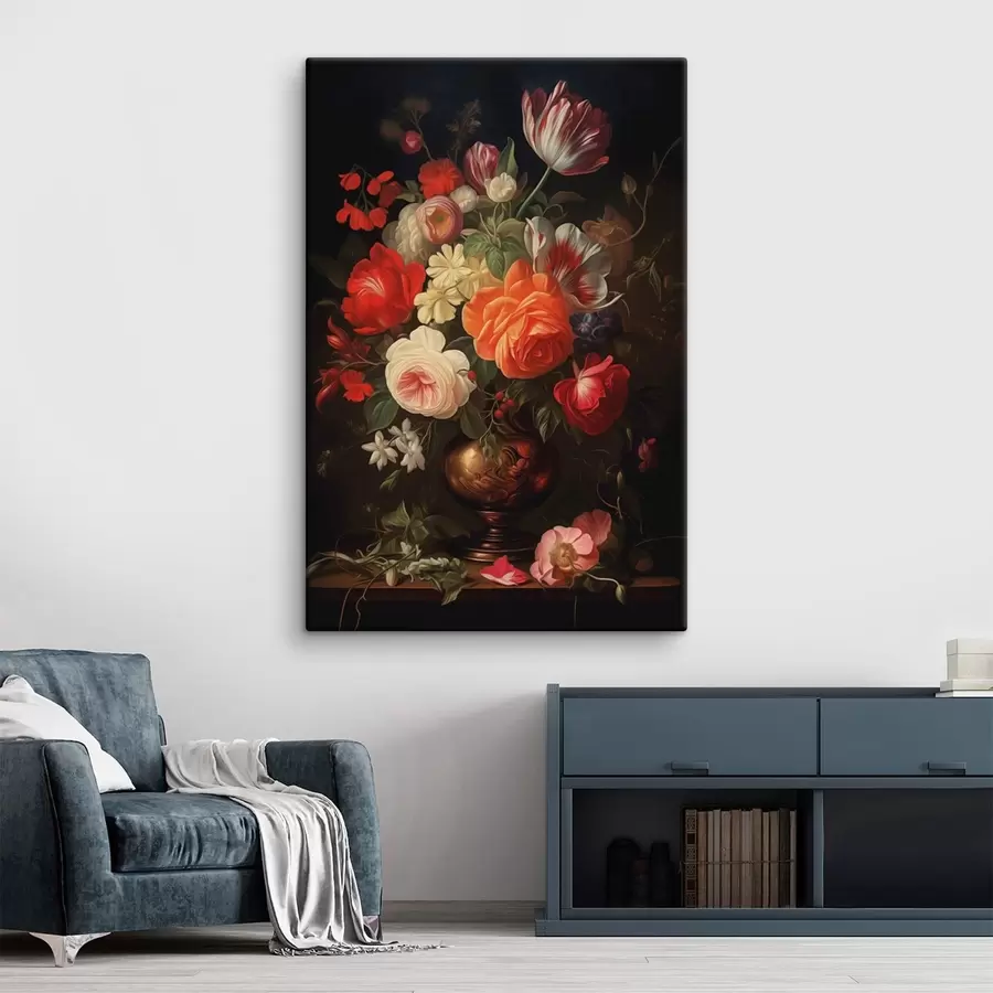  Peintures Bouquet de fleurs dans un vase sur fond sombre s48351