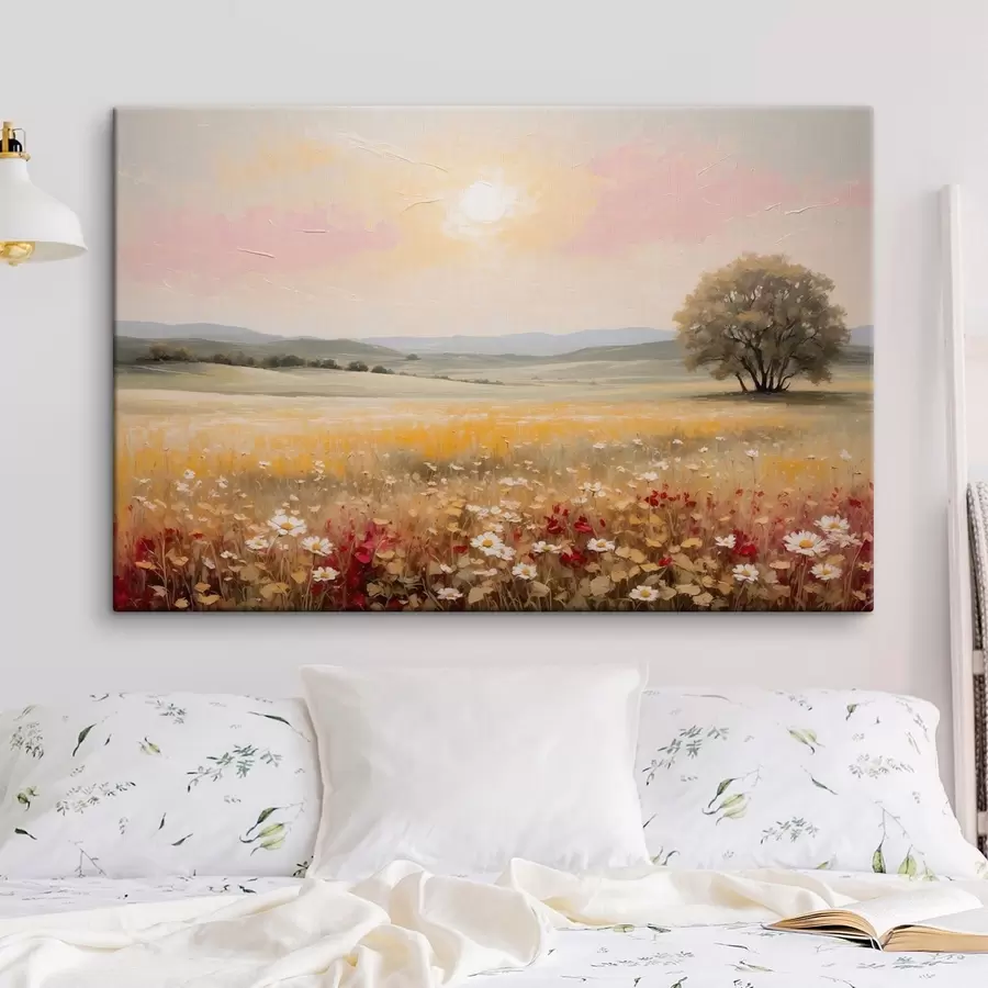  Peintures Paysage avec un champ de fleurs et un arbre à l'horizon s48355