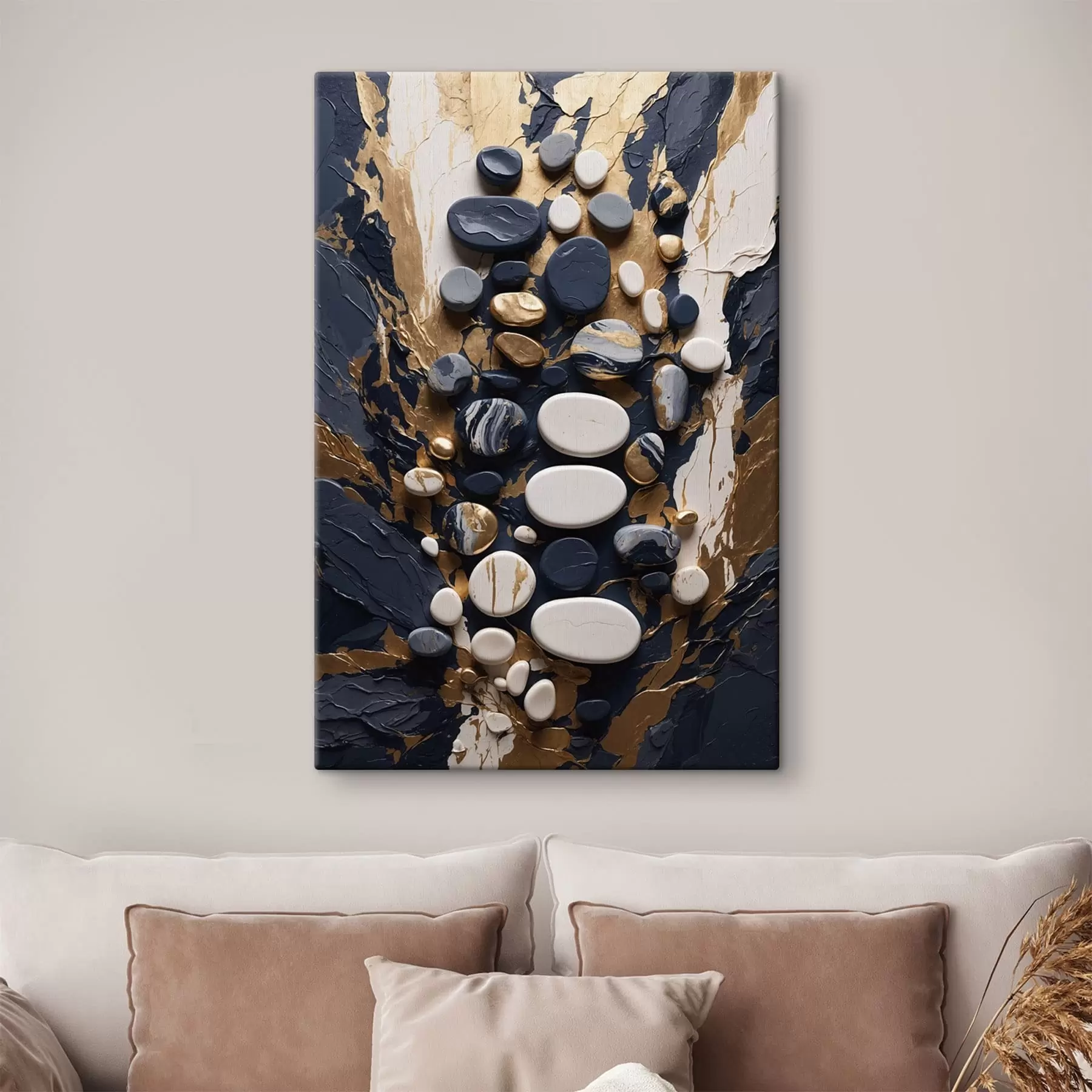  Schilderijen Compositie van abstracte stenen in donkerblauwe tinten s48357