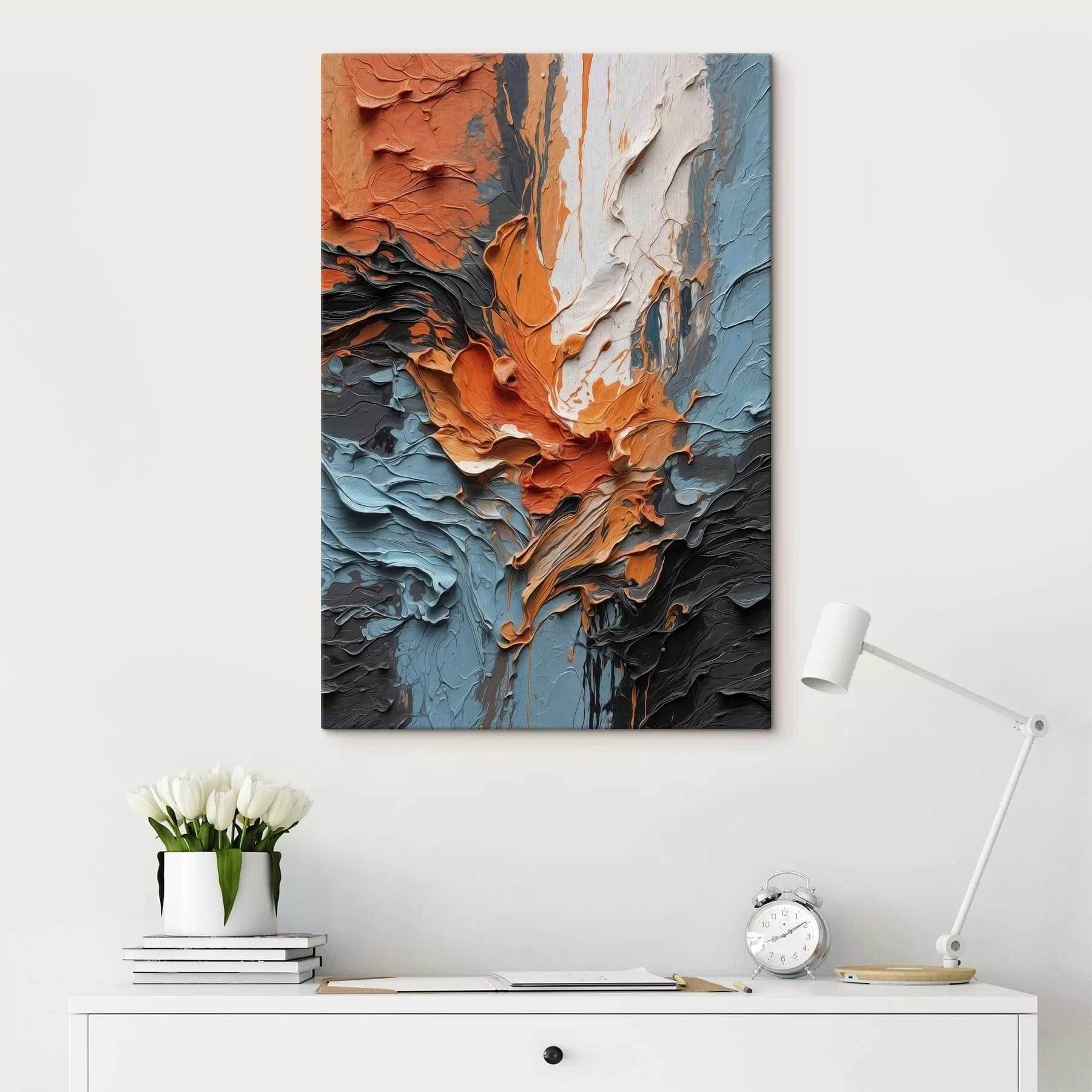  Schilderijen Heldere abstracte penseelstreken in oranje- en blauwtinten s48359
