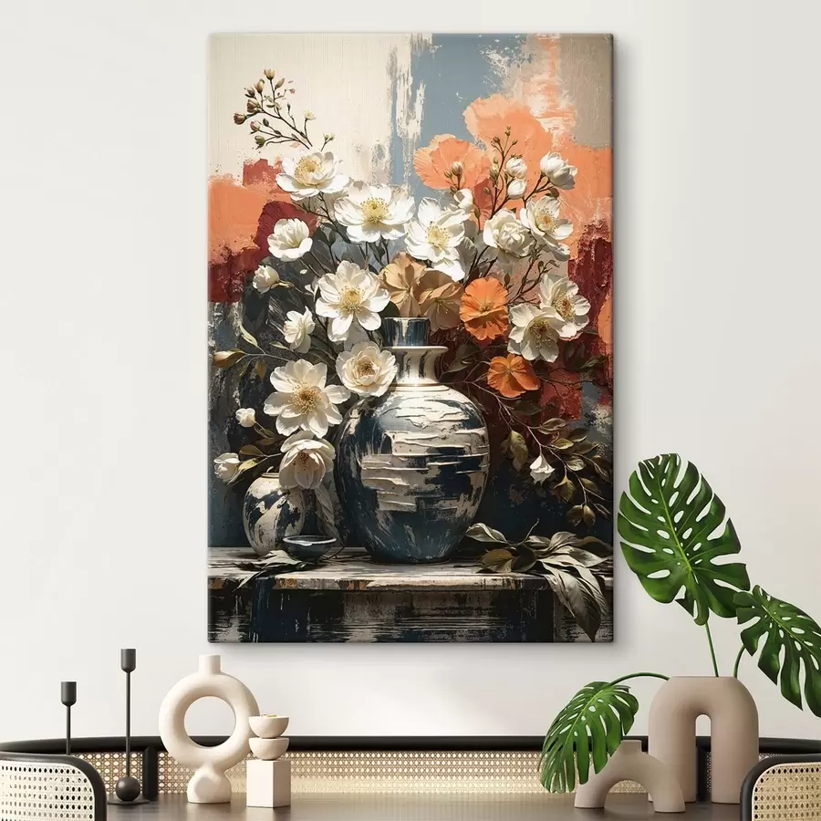  Peintures Des fleurs dans des vases devant un mur texturé s48360