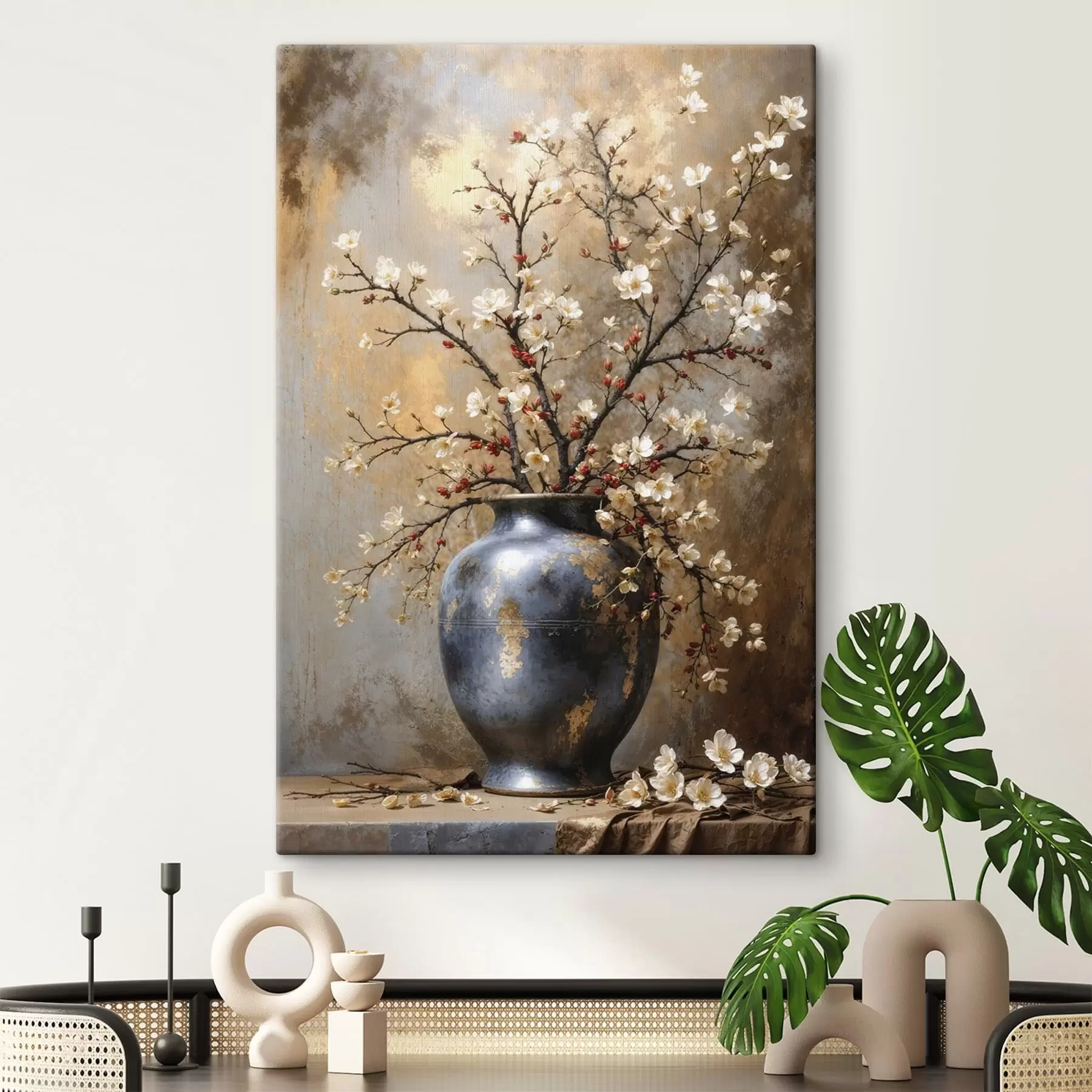  Peintures Branches fleuries dans un vase sur fond neutre s48361