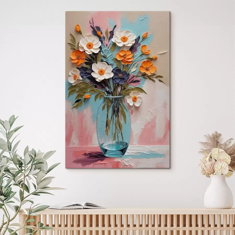  Peintures Bouquet de fleurs dans un vase en verre sur fond coloré s48488