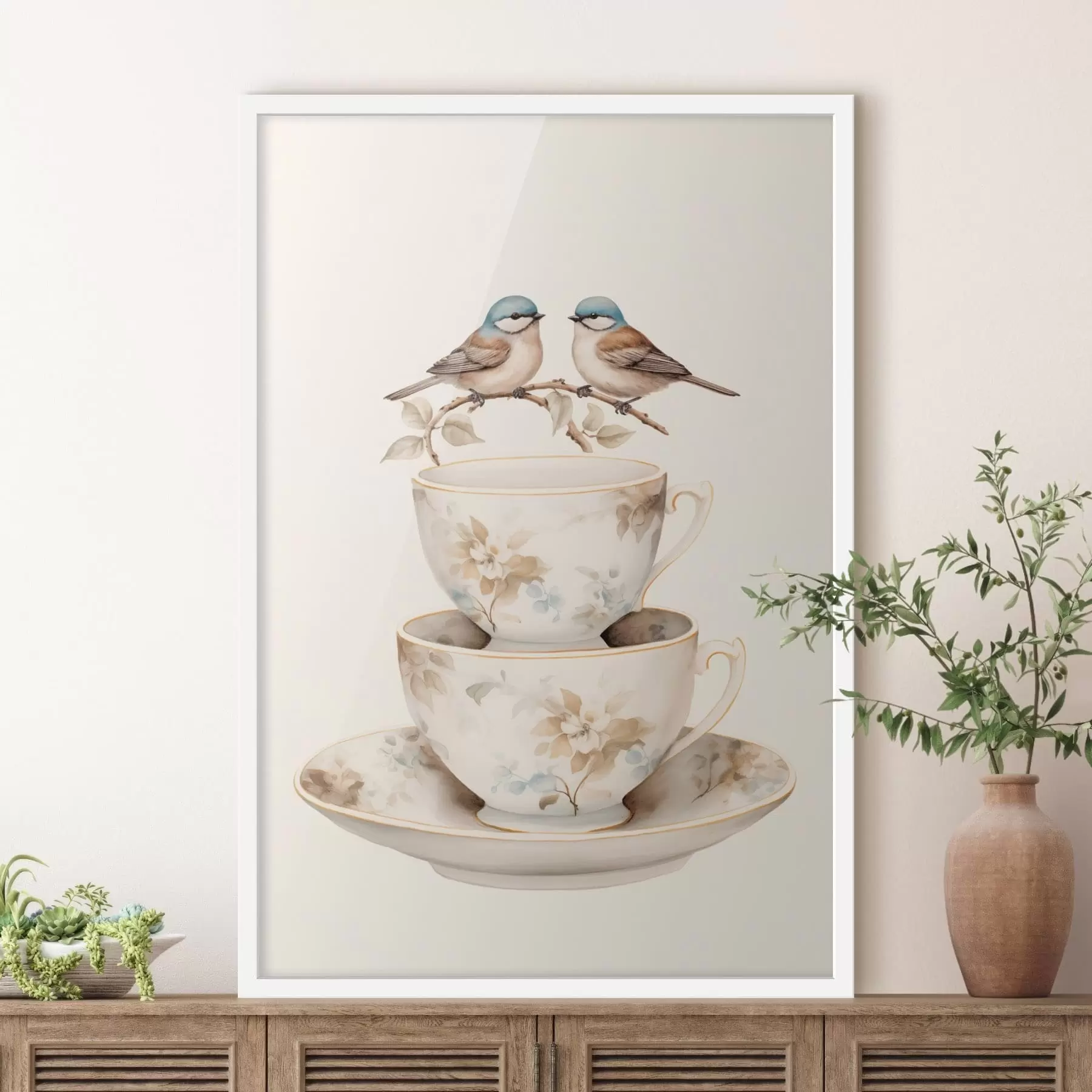 Papier peint photo Deux oiseaux sur une branche au-dessus de tasses à thé f48347