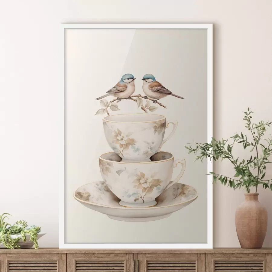 Fotobehang Twee vogels op een tak boven theekopjes f48347