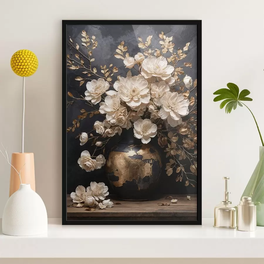 Fotobehang Lichte bloemen in een vaas met decoratieve bladeren f48356