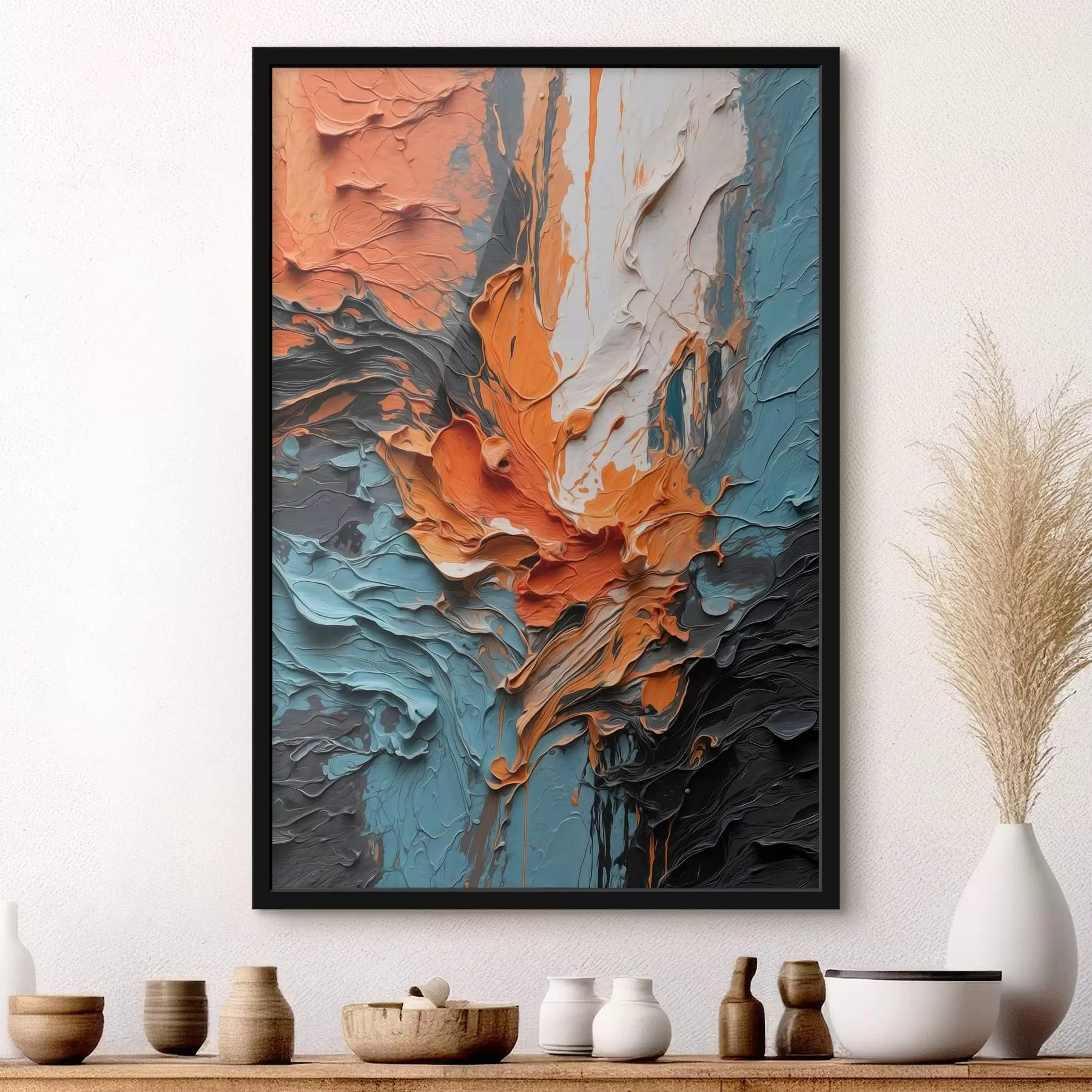 Fotobehang Heldere abstracte penseelstreken in oranje- en blauwtinten f48359