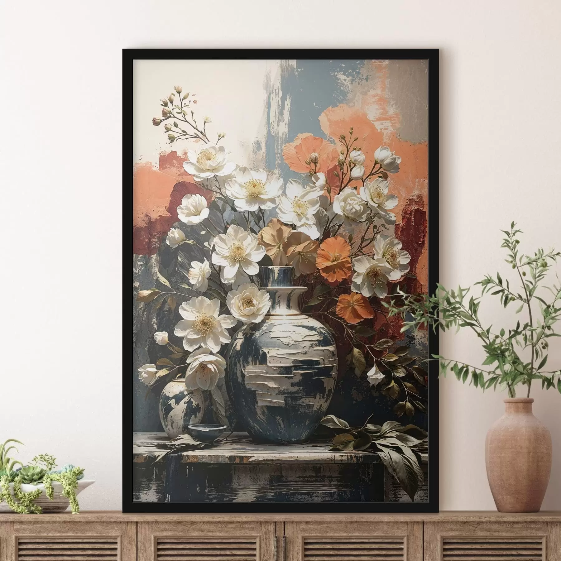 Fotobehang Bloemen in vazen tegen een muur met structuur f48360