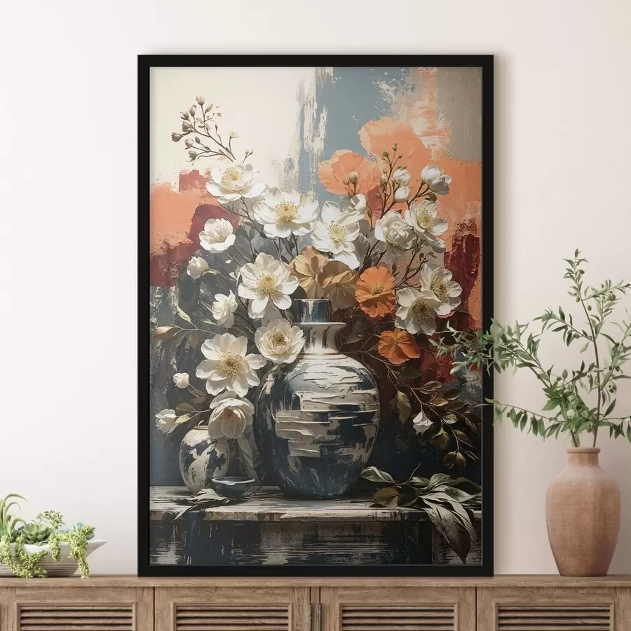 Papier peint photo Des fleurs dans des vases devant un mur texturé f48360