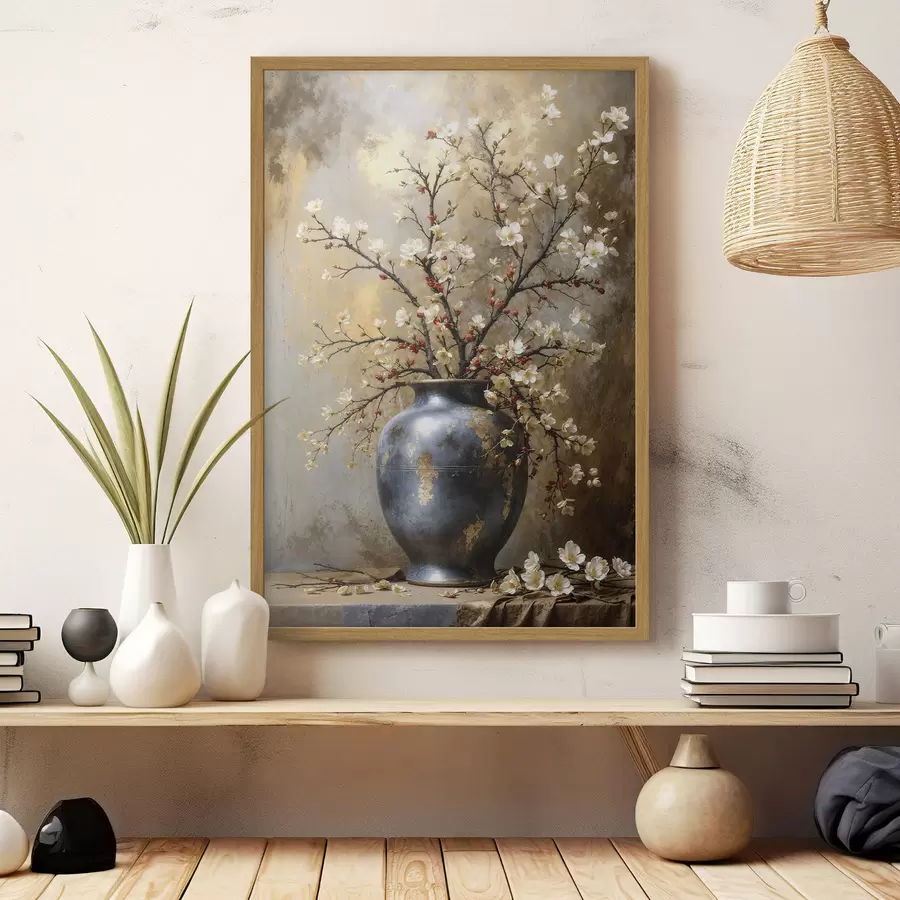 Fotobehang Bloeiende takken in een vaas tegen een neutrale achtergrond f48361