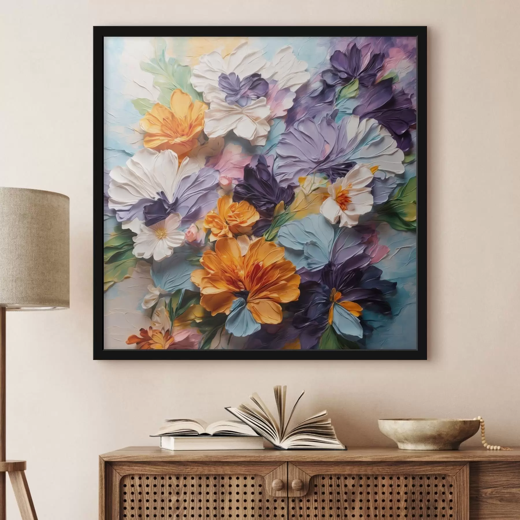 Fotobehang Levendige bloemen met textuur op een pastelkleurige achtergrond f48363