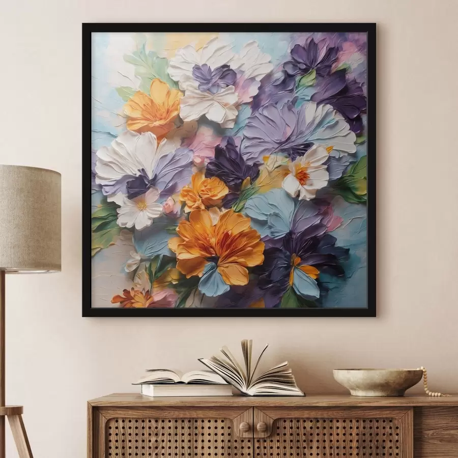 Fotobehang Levendige bloemen met textuur op een pastelkleurige achtergrond f48363