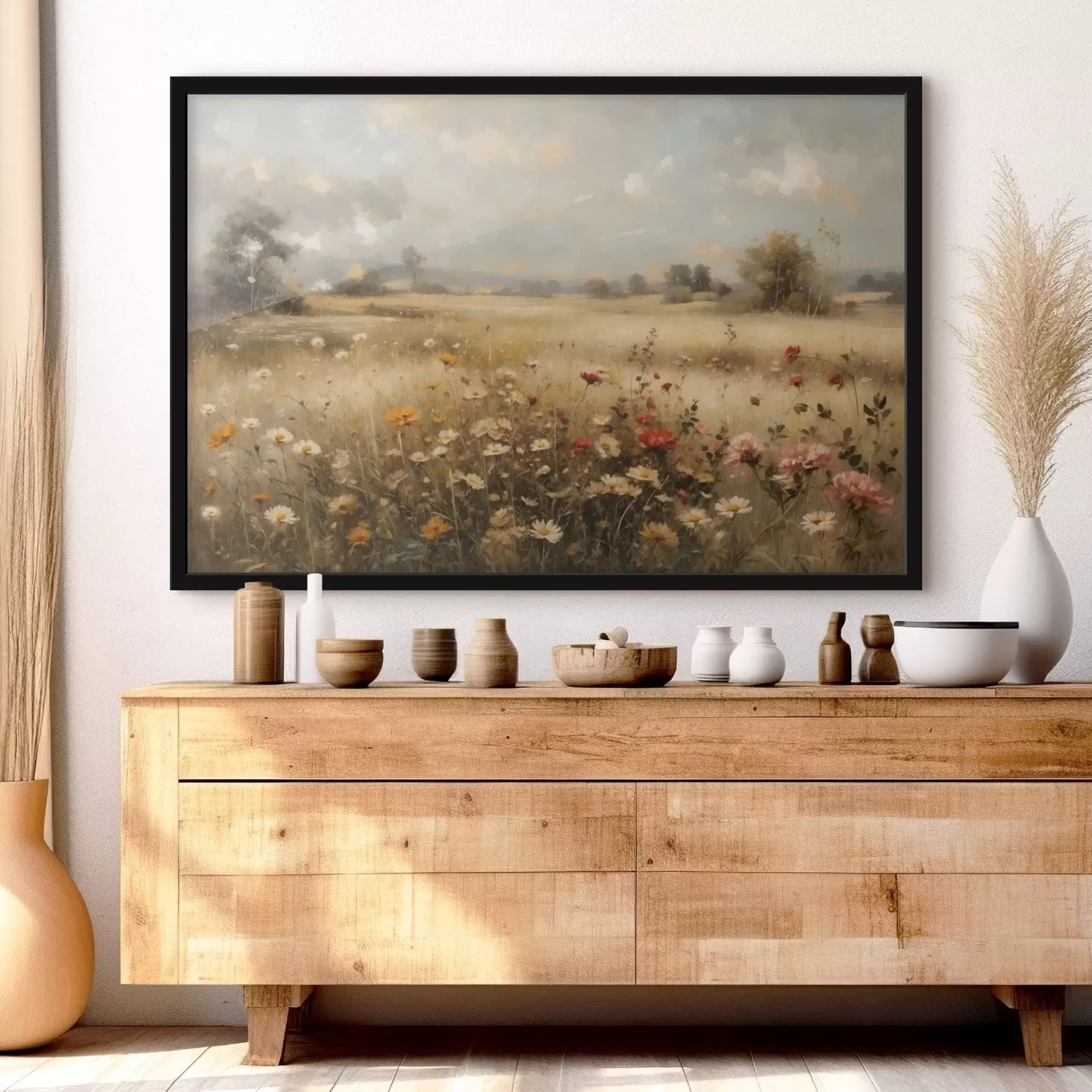 Papier peint photo Champ de fleurs sauvages baigné d'une douce lumière f48491