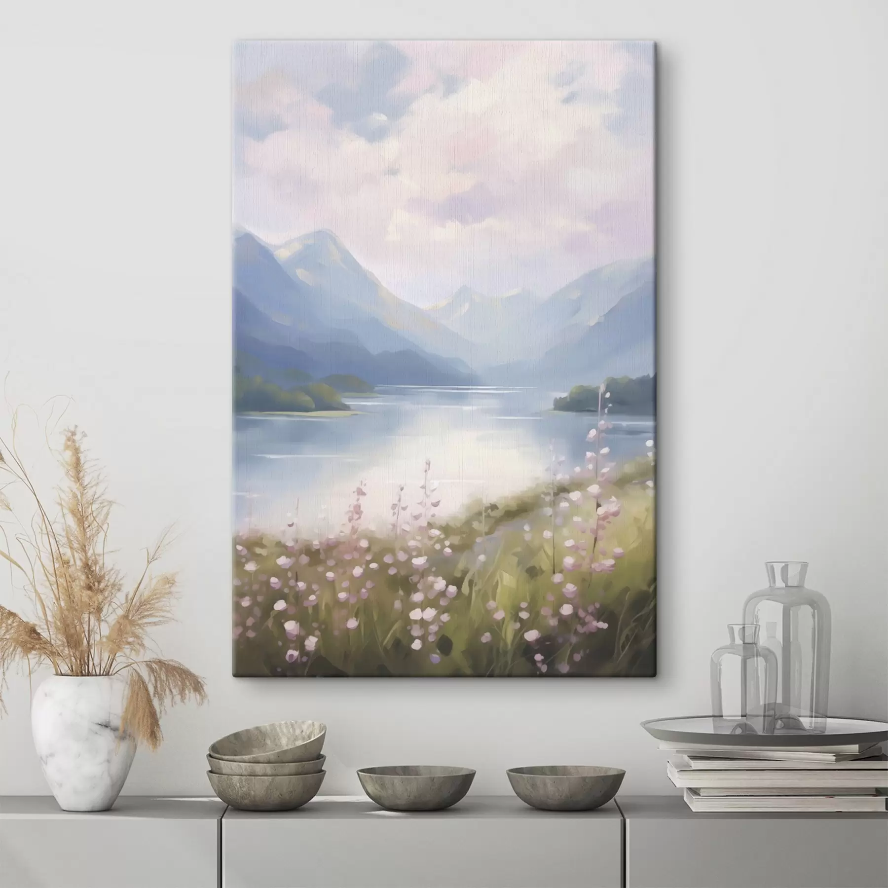  Schilderijen Schilderij met een afbeelding van een bergmeer s48504