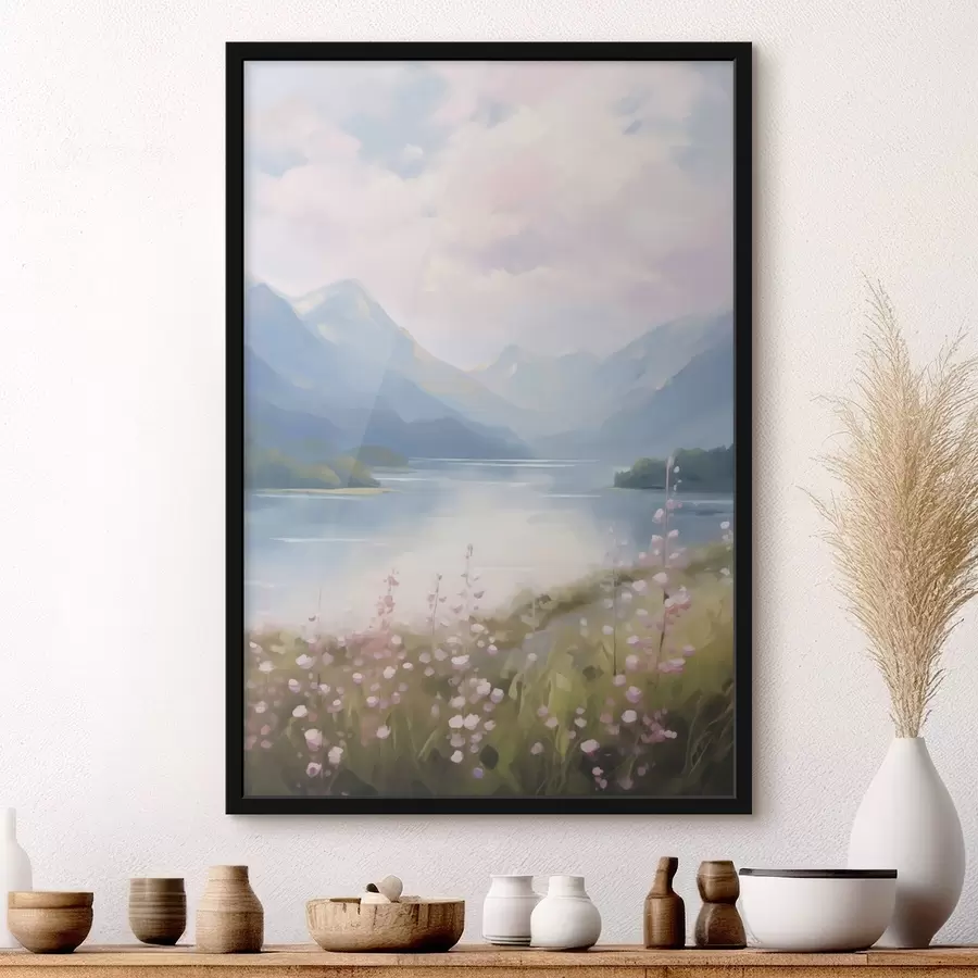 Fotobehang Schilderij met een afbeelding van een bergmeer f48504