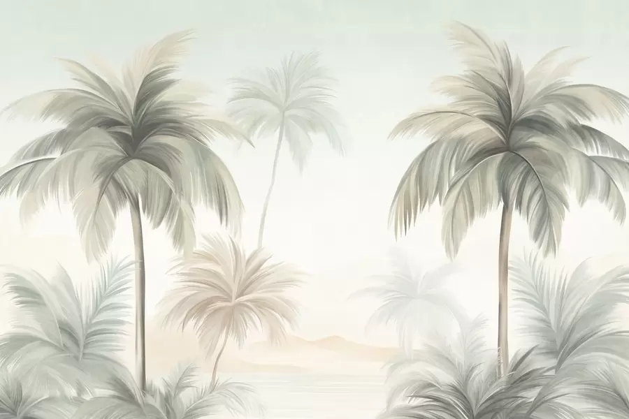Fotobehang Palmbomen met een gestructureerd blad, waarvan de bladeren in gedempte groene en beige tinten tegen een zachte lucht afsteken w09770