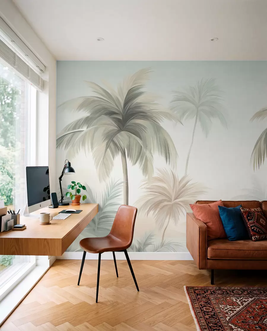 Fotobehang Palmbomen met een gestructureerd blad, waarvan de bladeren in gedempte groene en beige tinten tegen een zachte lucht afsteken w09770