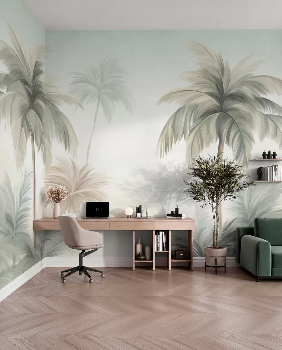 Fotobehang Palmbomen met een gestructureerd blad, waarvan de bladeren in gedempte groene en beige tinten tegen een zachte lucht afsteken w09770