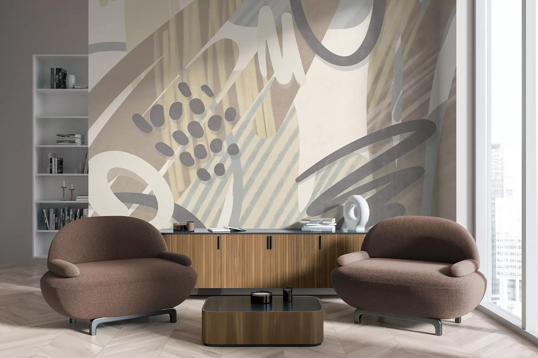 Papier peint photo Imprimé abstrait aux textures variées, composé de formes organiques, de gribouillis et de points dans des tons pastel discrets w09774