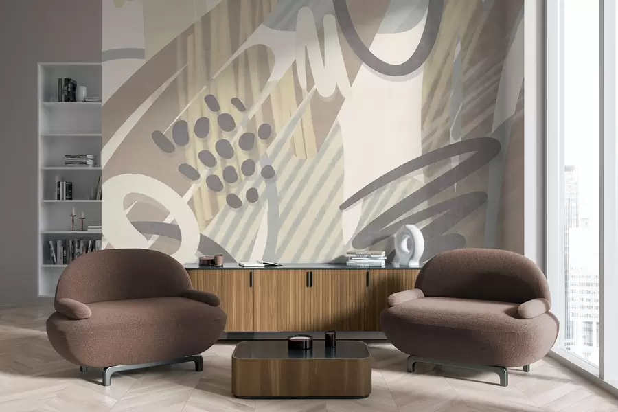 Papier peint photo Imprimé abstrait aux textures variées, composé de formes organiques, de gribouillis et de points dans des tons pastel discrets w09774