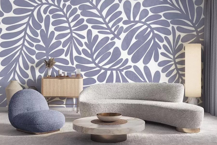 Papier peint photo Feuilles bleu clair stylisées sur un fond clair, illustration texturée w09775v1