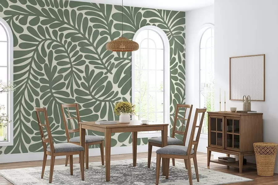 Fotobehang Gestileerde groene bladeren tegen een lichte achtergrond, kunst met textuur w09775v2