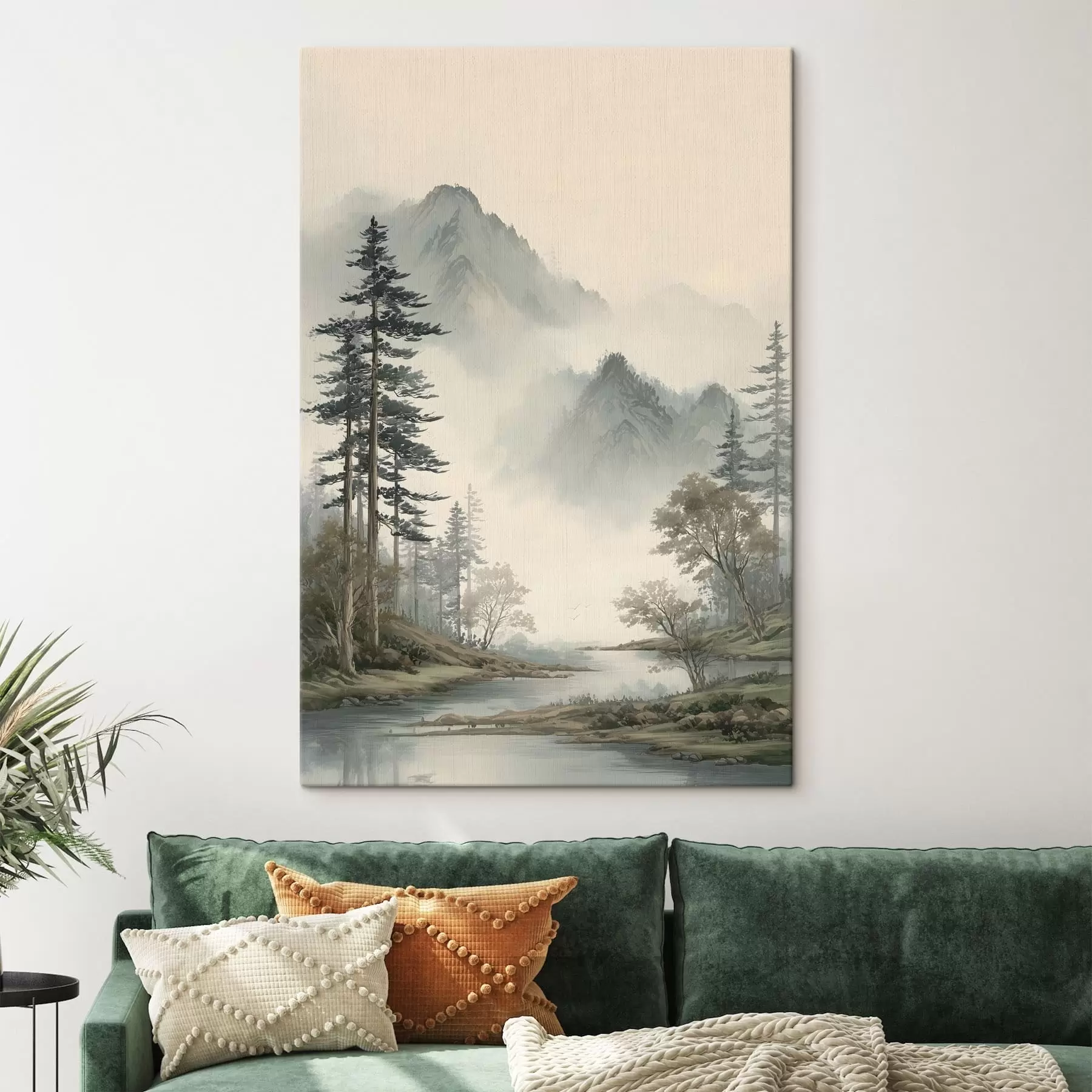  Peintures un paysage de montagne avec des pins et une rivière s48531