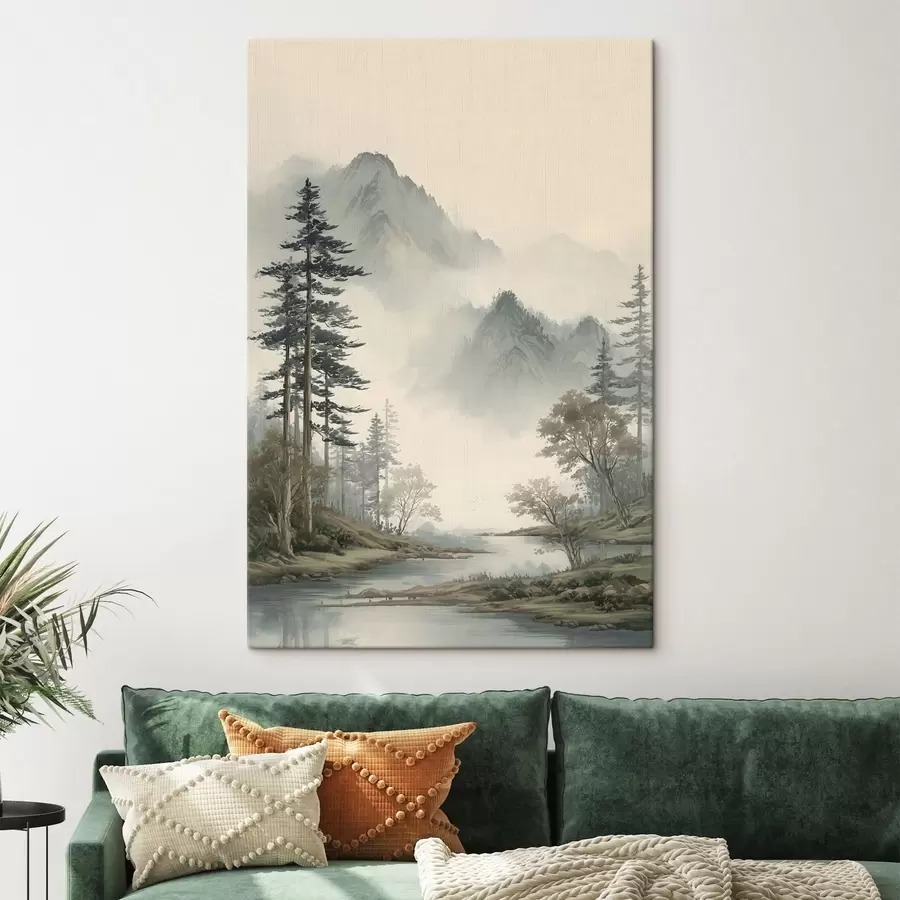  Peintures un paysage de montagne avec des pins et une rivière s48531