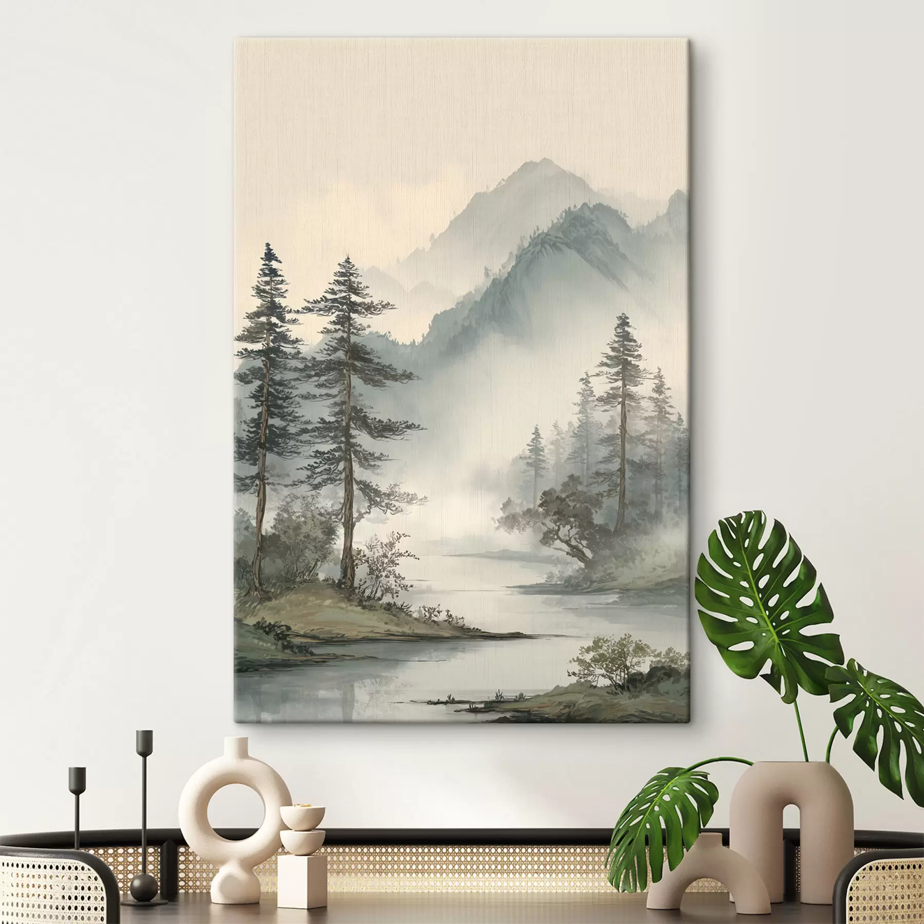  Schilderijen een berglandschap met dennenbomen en een rivier s48532