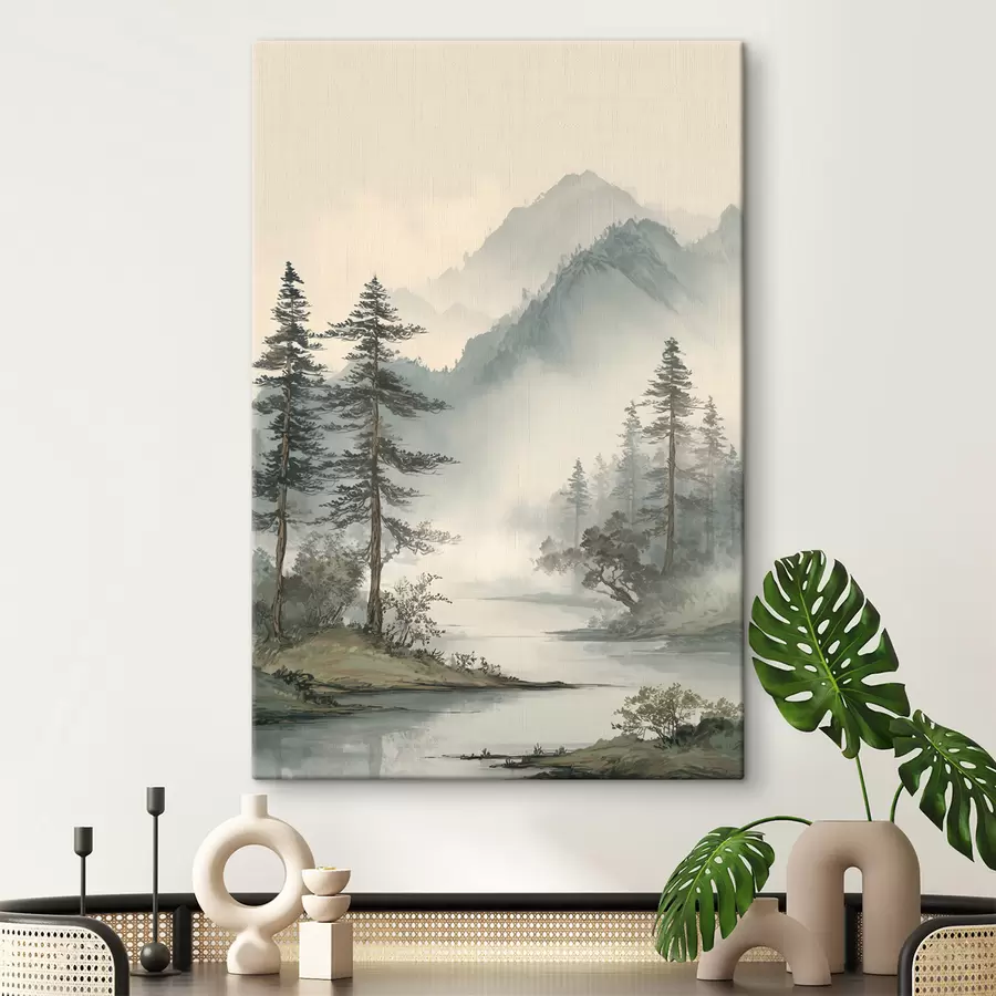  Peintures un paysage de montagne avec des pins et une rivière s48532