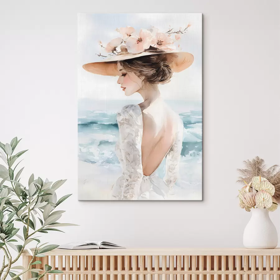  Peintures une jeune fille romantique au bord de la mer, coiffée d'un chapeau s48547