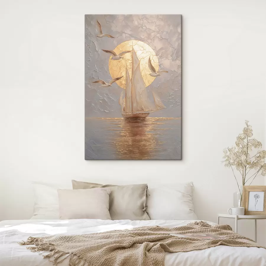  Peintures un bateau au coucher du soleil, peint dans un style impasto s48556